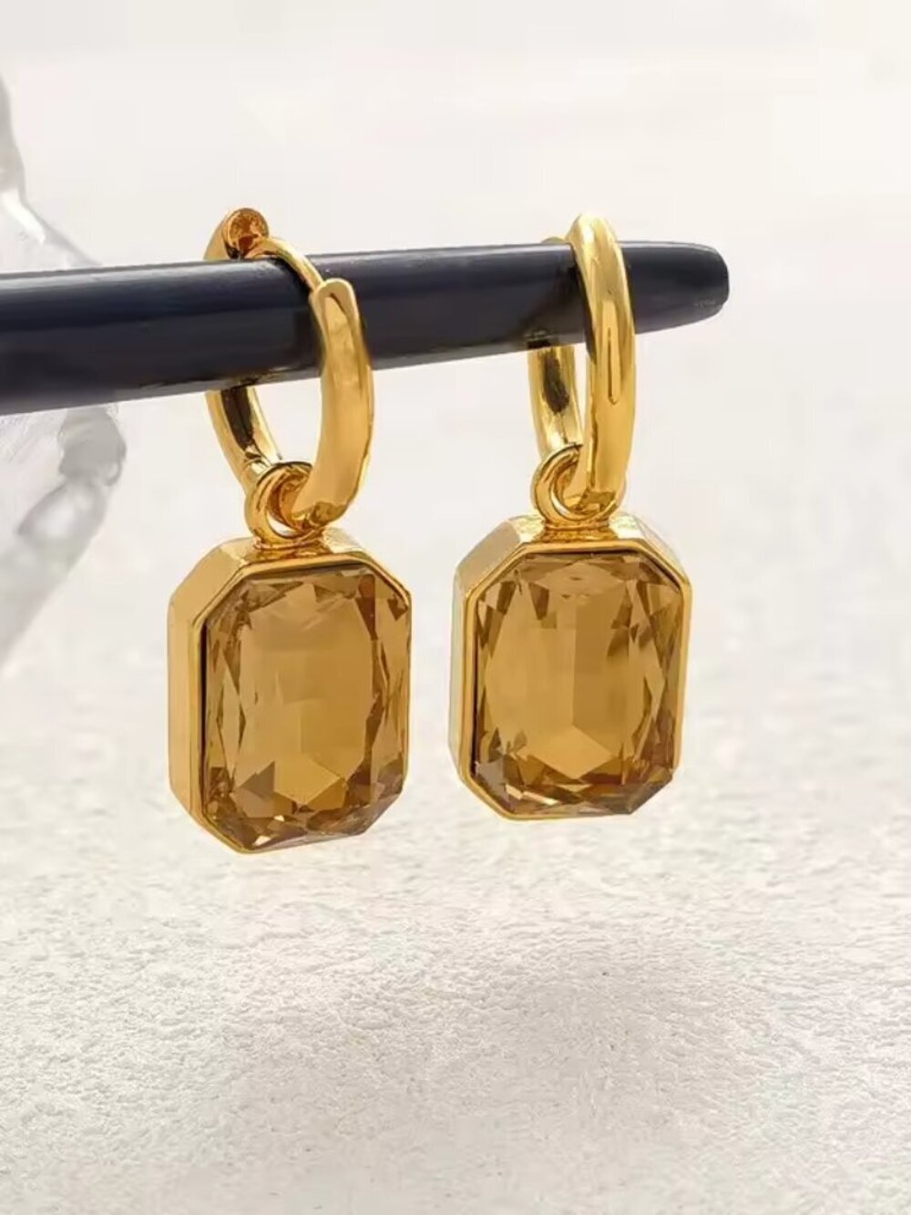 Gold Plated Square Hoop Dangle Earrings with Yellow Stones – Vintage Style